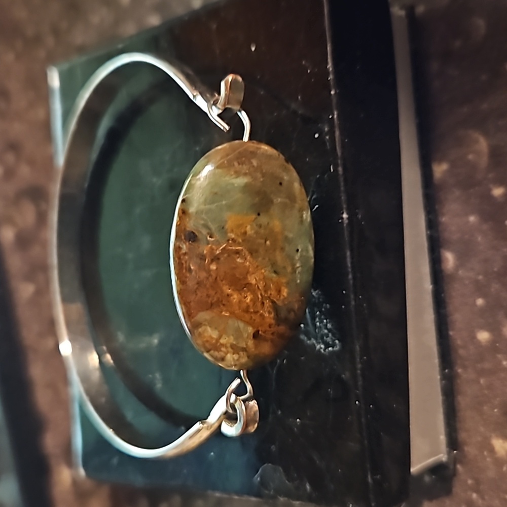 Silvertone Green Brown Stone Bracelet